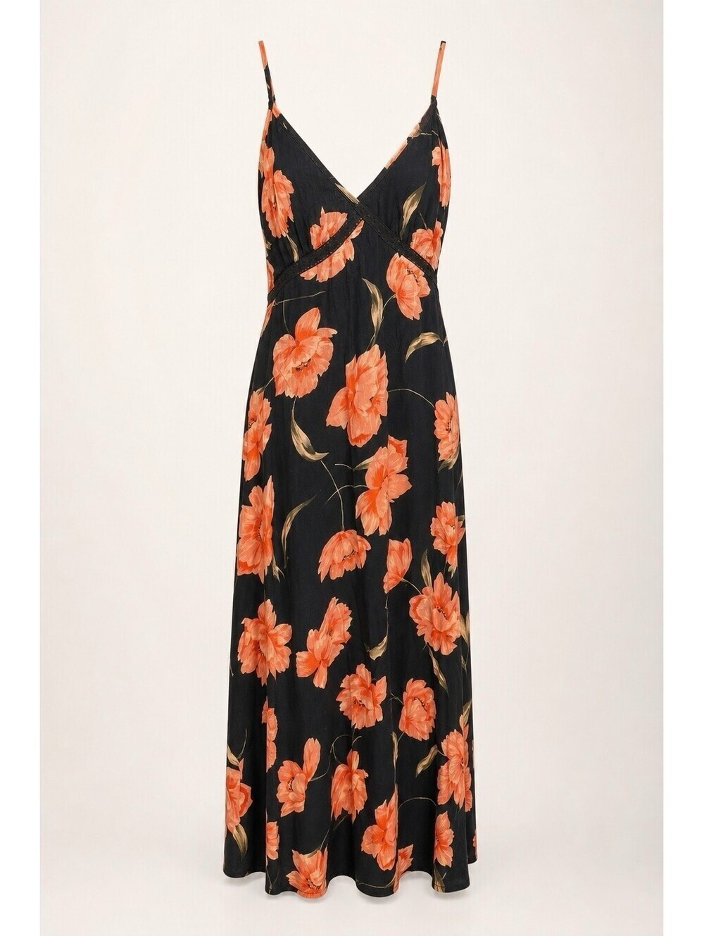 Patrons of Peace Black Orange Floral Maxi Dress Spaghetti Strap M Casual Boho